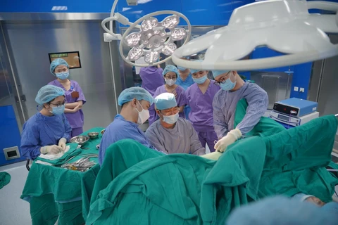 Phó giáo sư Nguyễn Xuân Hùng thực hiện một ca phẫu thuật đường tiêu hóa. (Ảnh: PV/Vietnam+)