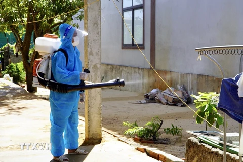 Phun hóa chất diệt muỗi, phòng, chống sốt xuất huyết tại thành phố Đồng Hới. (Ảnh: TTXVN phát)
