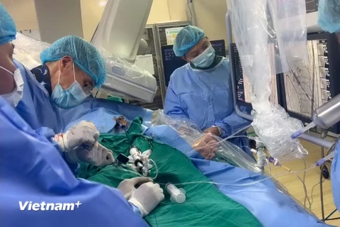 Các bác sỹ của Viện Tim Mạch Việt Nam thực hiện một can thiệp tim mạch cho một bệnh nhân. (Ảnh: PV/Vietnam+)