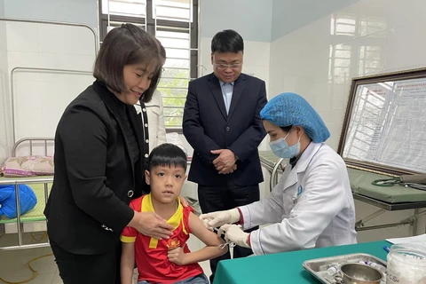 Nhân viên y tế tiêm vaccine 5 trong 1 cho trẻ tại tỉnh Tuyên Quang. (Ảnh: PV/Vietnam+)