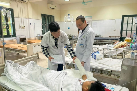 Bác sĩ theo dõi sức khoẻ cho bệnh nhân cấp cứu trong dịp Tết tại Bệnh viện Hữu nghị Việt Đức. (Ảnh: PV/Vietnam+)