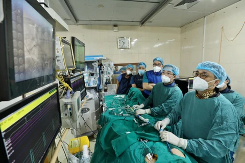 Các bác sĩ Bệnh viện Bạch Mai điều trị thành công cho bệnh nhân tim bằng phương pháp triệt đốt rung nhĩ. (Ảnh: Minh Quyết/TTXVN) 