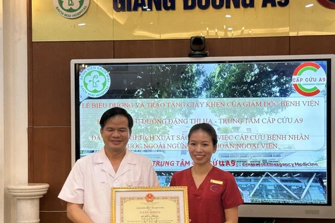 Phó giáo sư Đào Xuân Cơ trao giấy khen cho nữ điều dưỡng Đặng Thị Hạ. (Ảnh: PV/Vietnam+)