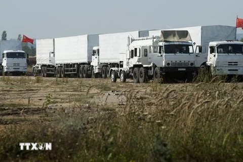 Đoàn xe cứu trợ của Nga đến điểm tập kết ở biên giới Ukraine