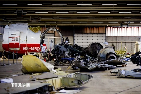 Các mảnh vỡ máy bay MH17 tại căn cứ không quân ở Rijen. (Nguồn: AFP/TTXVN)
