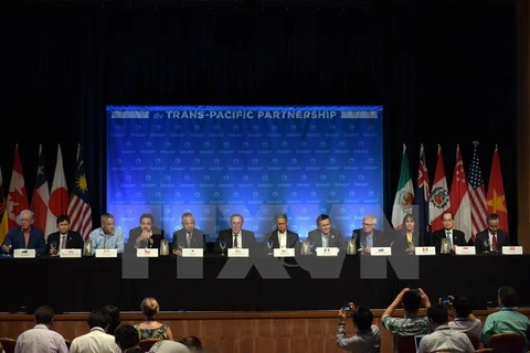  Các Bộ trưởng 12 nước tham gia đàm phán TPP tại cuộc họp báo sau vòng đàm phán ở Maui, Hawaii ngày 31/7. (Nguồn: THX/TTXVN)