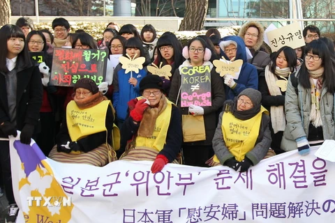Những phụ nữ Hàn Quốc từng bị buộc phải làm nô lệ tình dục cho binh sỹ Nhật xuống đường tuần hành đòi Chính phủ Nhật Bản chính thức xin lỗi và bồi thường. (Nguồn: Yonhap/TTXVN)
