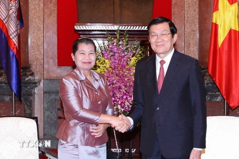 Chủ tịch nước Trương Tấn Sang tiếp Phó Thủ tướng Campuchia Men Xom An. (Ảnh: Thống Nhất/TTXVN)