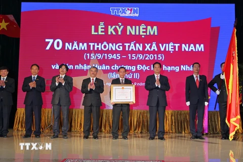Sáng 15/9, Thông tấn xã Việt Nam tổ chức Lễ kỷ niệm 70 năm Ngày thành lập và đón nhận Huân chương Độc lập hạng Nhất (lần thứ hai). (Ảnh: Đức Tám/TTXVN)