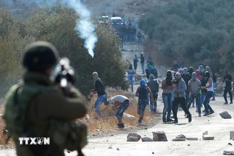 Lực lượng an ninh Israel trấn áp người Palestine tại Khu Bờ Tây. (Nguồn: AFP/TTXVN)