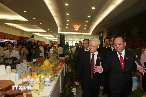 Tổng Bí thư Nguyễn Phú Trọng, các lãnh đạo và nguyên lãnh đạo Đảng, Nhà nước thăm Triển lãm Công nghiệp công nghệ cao và Nông nghiệp công nghệ cao tại Đại hội. (Ảnh: Trí Dũng/TTXVN)