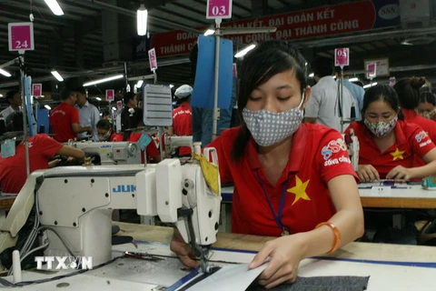 May hàng xuất khẩu tại Công ty trách nhiệm hữu hạn may 888 (Tổng công ty May 10) ở Quảng Xương, Thanh Hóa. (Ảnh: Trần Việt/TTXVN)