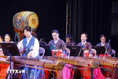 Dàn nhạc dân tộc Hàn Quốc biểu diễn trong một đêm giao lưu văn hóa. (Ảnh: Lan Anh/TTXVN)