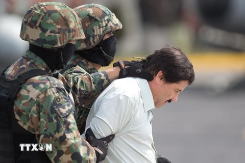 Cảnh sát dẫn độ El Chapo tại Mexico City ngày 22/2/2014. (Nguồn: THX/TTXVN)