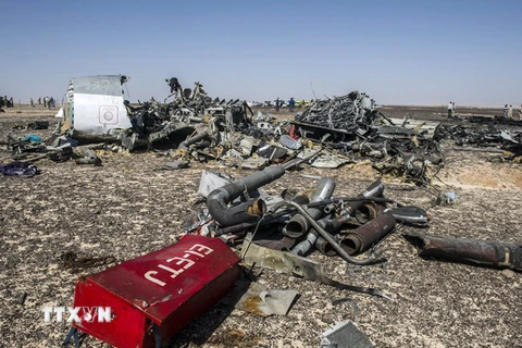 Mảnh vỡ máy bay Nga A321 tại hiện trường vụ rơi máy bay ở Wadi el-Zolmat, bán đảo Sinai, Ai Cập. (Nguồn: AFP/TTXVN)