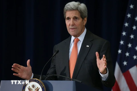 Ngoại trưởng Mỹ John Kerry phát biểu về các vụ tấn công khủng bố của IS ở Paris, tại thủ đô Washington. (Nguồn: AFP/TTXVN)