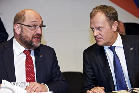 Chủ tịch Hội đồng châu Âu-cựu Thủ tướng Ba Lan Donald Tusk (phải) và Chủ tịch EP Martin Schulz. (Nguồn: AFP/TTXVN)