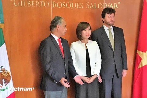 Chủ tịch Ủy ban Đối ngoại Hạ viện Mexico Victor Giorgana (trái), Vụ trưởng Đối ngoai Javier Vega (phải) và Đại sứ Lê Linh Lan. (Ảnh: Việt Hòa/Vietnam+)