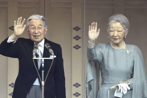 Nhật hoàng Akihito và Hoàng hậu Michiko tại lễ mừng sinh nhật lần thứ 82 của Nhật hoàng. (Nguồn: Kyodo)