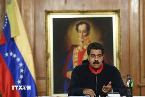 Tổng thống Venezuela Nicolas Maduro phát biểu sau một cuộc họp ở Caracas. (Nguồn: THX/TTXVN)