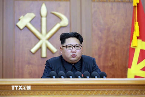 Nhà lãnh đạo Triều Tiên Kim Jong-un phát biểu tại Bình Nhưỡng ngày 1/1/2016. (Nguồn: AFP/TTXVN)