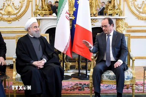 Tổng thống Pháp Francois Hollande (phải) hội đàm với Tổng thống Iran Hassan Rouhani (trái) trong chuyến thăm Pháp. (Nguồn: AFP/TTXVN)