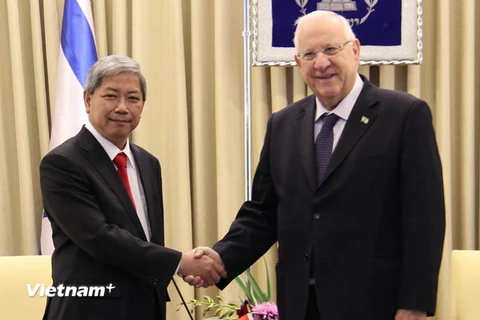 Đại sứ Cao Trần Quốc Hải và Tổng thống Israel Reuven Rivlin tại lễ trình quốc thư. (Ảnh: B.Hoàn/Vietnam+) 