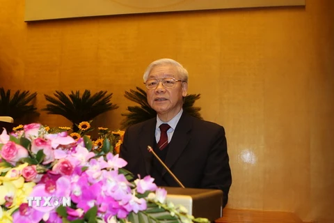 Tổng Bí thư Nguyễn Phú Trọng phát biểu khai mạc hội nghị. (Ảnh : Trí Dũng/TTXVN)