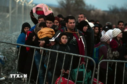 Người tị nạn Syria và Iraq bị mắc kẹt tại khu vực biên giới Hy Lạp-Macedonia. (Nguồn: AFP/TTXVN)
