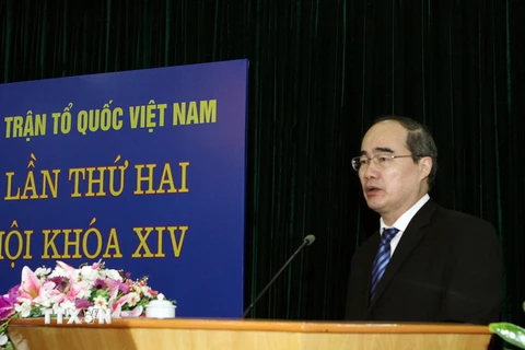 Chủ tịch Ủy ban Trung ương Mặt trận Tổ quốc Việt Nam Nguyễn Thiện Nhân phát biểu tại Hội nghị. (Ảnh: Nguyễn Dân/TTXVN)