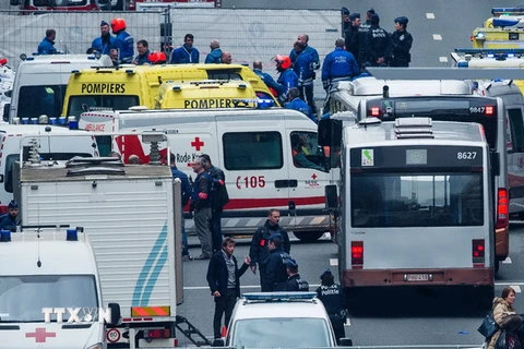 Cảnh sát và lực lượng cứu hộ Bỉ làm nhiệm vụ tại hiện trường vụ tấn công khủng bố ở ga tàu điện ngầm Maalbeek. (Nguồn: AFP/TTXVN)