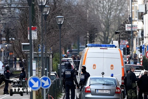 Cảnh sát Bỉ làm nhiệm vụ trong cuộc bố ráp tại khu vực quận Schaerbeek ở thủ đô Brussels. (Nguồn: AFP/TTXVN)