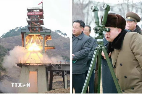 Nhà lãnh đạo Triều Tiên Kim Jong-un theo dõi một vụ phóng tên lửa đạn đạo. (Nguồn: Yonhap/TTXVN)