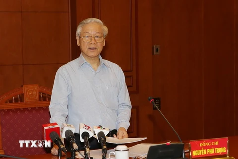 Tổng Bí thư Nguyễn Phú Trọng phát biểu tại cuộc họp. (Ảnh: Trí Dũng/TTXVN)
