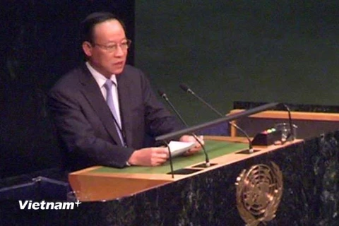 Thượng tướng Lê Quý Vương phát biểu tại Hội nghị UNGASS. (Nguồn: Vietnam+)