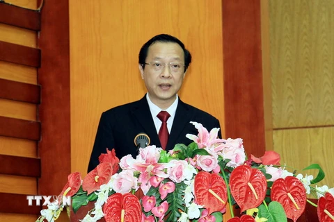 Chủ tịch UBND tỉnh Lạng Sơn Phạm Ngọc Thưởng phát biểu sau khi được bầu. (Ảnh: Đặng Thái Thuần/TTXVN)