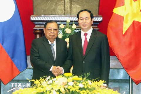 Chủ tịch nước Trần Đại Quang hội kiến Tổng Bí thư, Chủ tịch nước Lào Bounnhang Volachith. (Ảnh: Nhan Sáng/TTXVN)