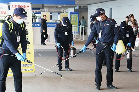 Nhân viên y tế phun thuốc diệt muỗi tại sân bay quốc tế Incheon. (Nguồn: Yonhap)