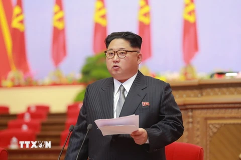 Nhà lãnh đạo Kim Jong-Un phát biểu tại ngày họp thứ hai Đại hội Đảng Lao động Triều Tiên ở Bình Nhưỡng. (Nguồn: EPA/TTXVN)