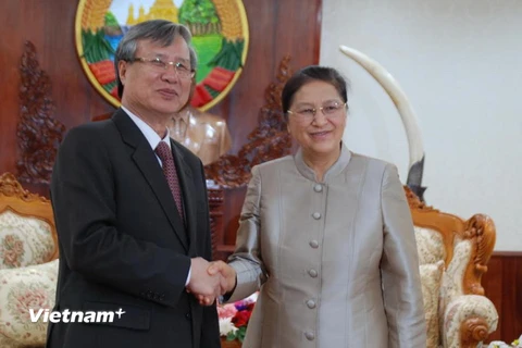 Chủ tịch Quốc hội Lào Pany Yathotou tiếp Chủ nhiệm Ủy ban Kiểm tra Trung ương Trần Quốc Vượng. (Ảnh: Nguyễn Chiến/Vietnam+)