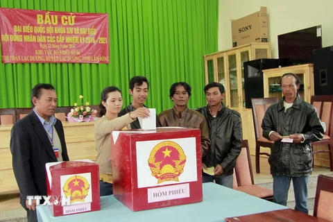 Cử tri dân tộc thiểu số K’Ho bỏ phiếu bầu cử tại khu vực bỏ phiếu số 6, thị trấn Lạc Dương, huyện Lạc Dương (tỉnh Lâm Đồng). (Ảnh: Đặng Tuấn/TTXVN)