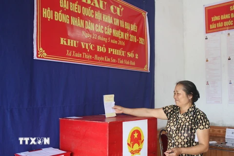 Cử tri Tổ bầu cử số 2 thuộc thôn Dũng Thúy, xã Xuân Thiện, huyện Kim Sơn, tỉnh Ninh Bình bỏ phiếu bầu cử. (Ảnh: Thùy Dung/TTXVN)