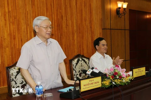 Tổng Bí thư Nguyễn Phú Trọng phát biểu tại buổi làm việc với Ban Thường vụ và cán bộ chủ chốt tỉnh Tây Ninh. (Ảnh: Trí Dũng/TTXVN)