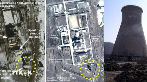 Khu vực lò phản ứng hạt nhân Yongbyon của Triều Tiên được chụp từ vệ tinh (trái) và tháp làm mát (phải). (Nguồn: EPA/TTXVN)