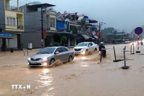 Nhiều tuyến giao thông trên địa bàn thành phố Cẩm Phả bị ngập lụt cục bộ làm ách tắc giao thông. (Ảnh: Văn Đức/TTXVN)