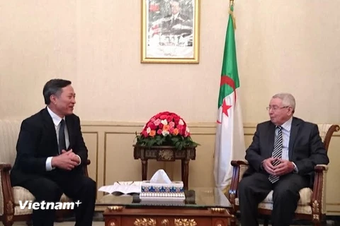 Chủ tịch Thượng viện Algeria Abdelkader Bensalah tiếp Đại sứ Việt Nam Vũ Thế Hiệp. (Ảnh: Quang Hồng/Vietnam+) 