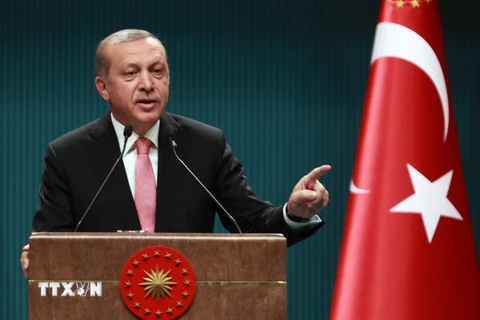 Tổng thống Thổ Nhĩ Kỳ Tayyip Erdogan phát biểu tại cuộc họp báo ở Ankara ngày 20/7. (Nguồn: AFP/TTXVN)