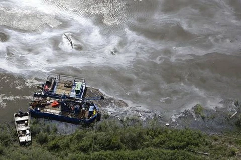 Các công nhân cố gắng làm sạch vụ tràn dầu trên sông Bắc Saskatchewan. (Nguồn: The Canadian Press)