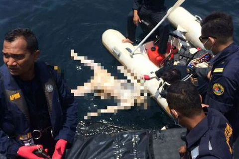 Các thợ lặn của Hải quân Malaysia trục vớt thi thể ngư dân Việt Nam mất tích. (Nguồn: nst.com.my)