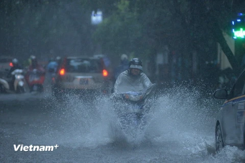 Mưa lớn do bão số 3 gây ngập nhiều tuyến phố ở Hà Nội. (Ảnh: Minh Sơn/Vietnam+)